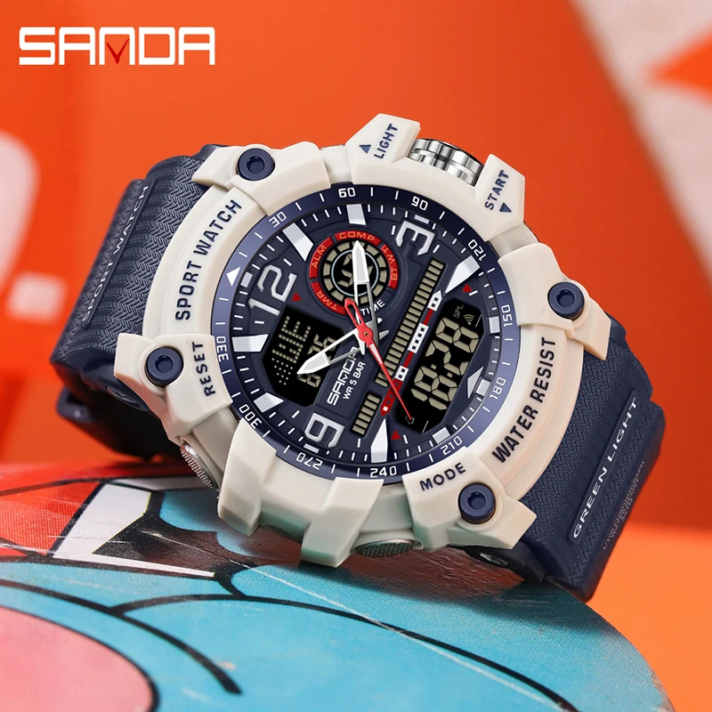 SANDA 3367 Student Electronic Watch Multifunctional Sports Wristwatch Dual Display LED Waterproof Alarm Fashionable Men Watch