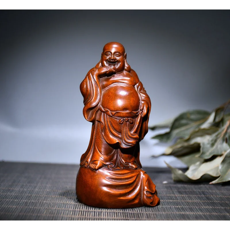 

4.7" Chinese Box-wood Hand Engraving Buddhism Moneybag Stand Maitreya Buddha Statue Craft Gift Decoration Home Decore