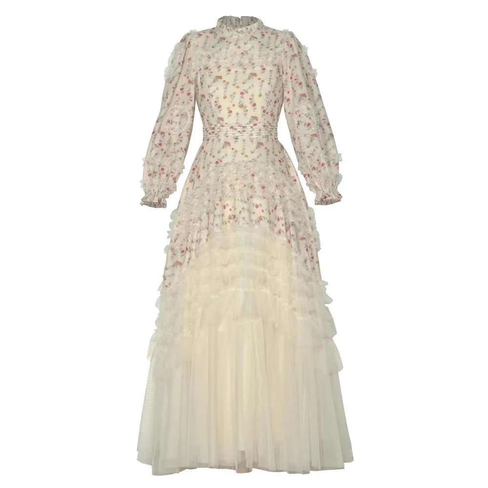 Elegante Langarm Floral Maxi Kleider Frauen Frühling Herbst Mesh Tüll Gedruckt Abend Party Vestidos Schicht Rüschen Kuchen Robe