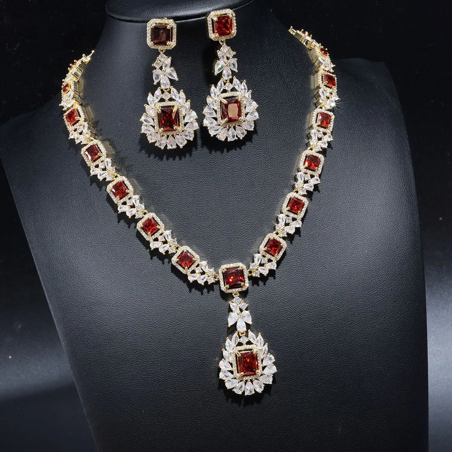 New 2 Piece Luxury Temperament Red Necklace Earrings Jewelry Women's Wedding Holiday Bridal Costume Accessories Gift M-976