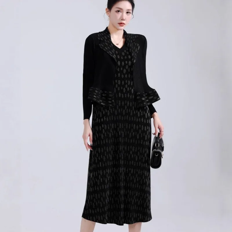 

Комплект плиссированной юбки Miyake, весенне-осенний комплект 2023 года, женский тонкий простой комплект с курткой и длинными рукавами, комплект из 2 предметов