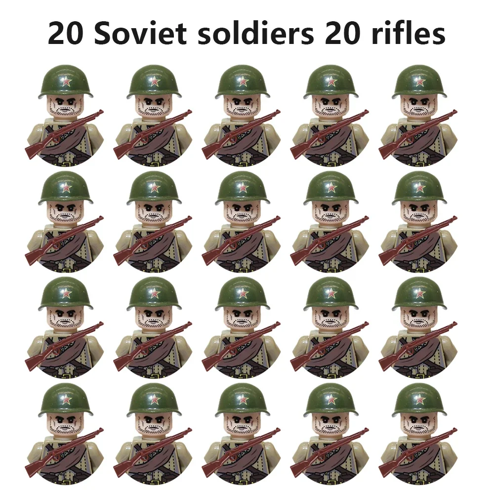 20pcs/lot WW2 Military Soviet US UK China France Soldiers Building Blocks Poland Canada Japan Army Figures Bricks Toys For Boys