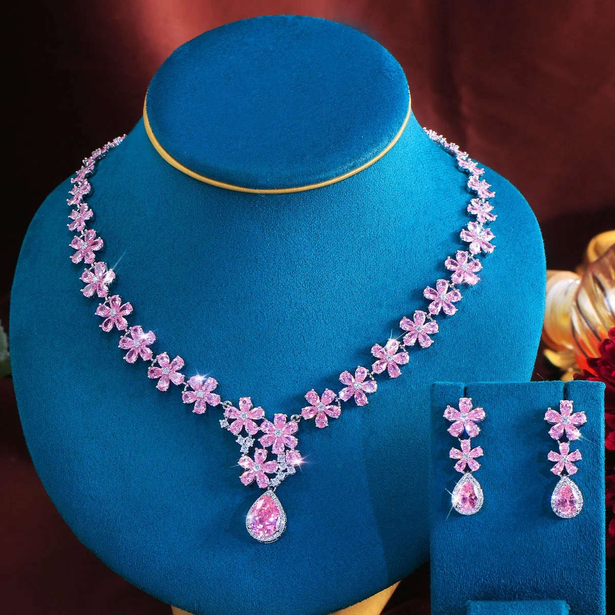 

Роскошный комплект украшений Pera: серьги-подвески и ожерелье с розовыми цирконами в форме цветка, великолепные хрустальные украшения для свадеб и вечеринок в Дубае, для невест J017