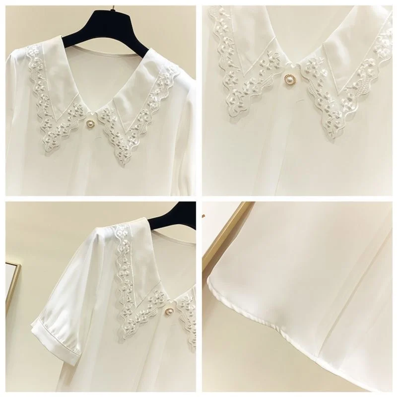 Women Spring Summer Style Blouses Shirts Lady Casual Short Sleeve Peter Pan Collar Blusas Tops ZZ0792