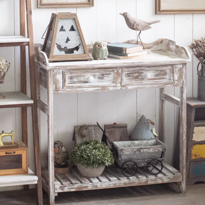 Rustic Charm Console Table Vintage American Countryside Style, Cedar Wood Construction, Distressed White Finish, Hand-Carved Det