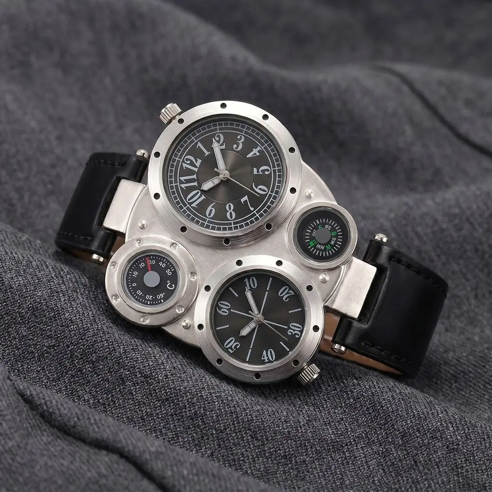 

PU Leather Strap Big Face Watches Large Dial Leather Strap Dual Time Zone Watch Compass Decoration Luminous Sport Wristwatch