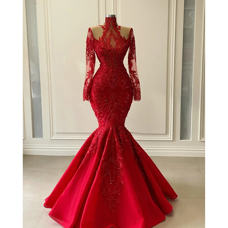 

Modest Red Lace Mermaid Evening Dresses 2024 Real Image Appliques Beaded Long Prom Gowns With Full Sleeves Formal Party Dress