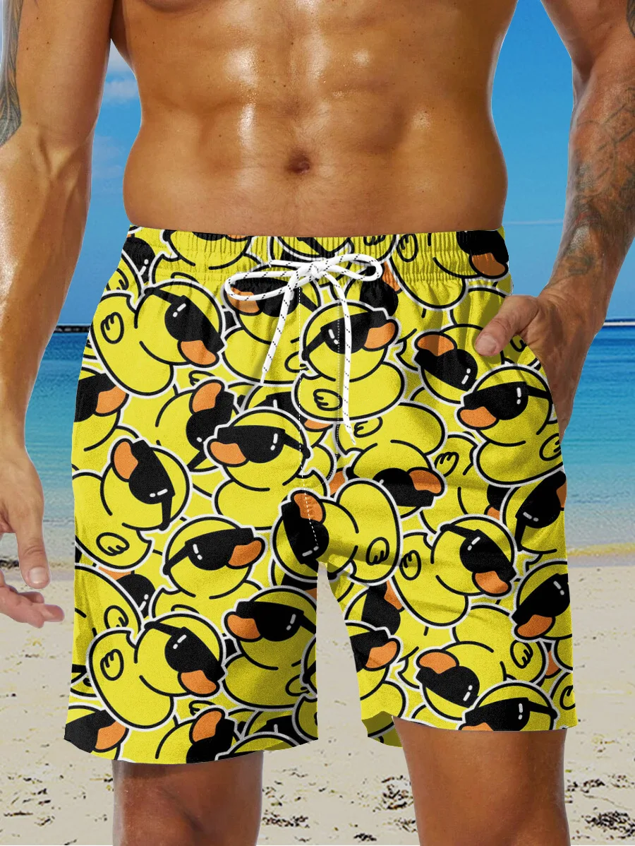 Men's Yellow Ducks Graphic Blue Shorts Hawaii Style 3D Printed Shorts Drawstring Trunks Man Vacation Sweatpants Man Shorts