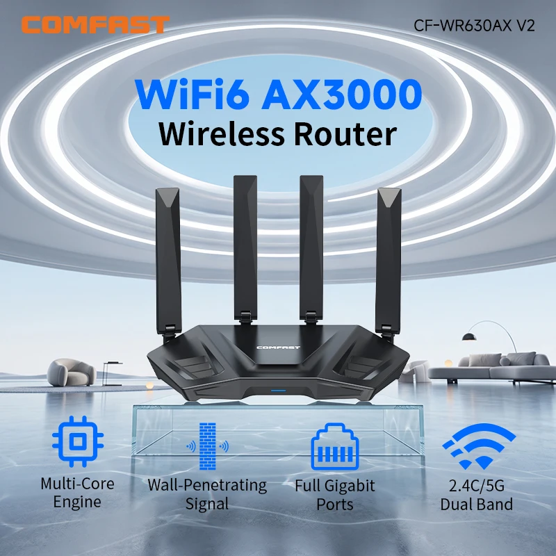COMFAST AX3000 Dual-Band WiFi 6 Router with High Gain Antennas Gigabit Mesh Signal Booster for Extended Range Coverage