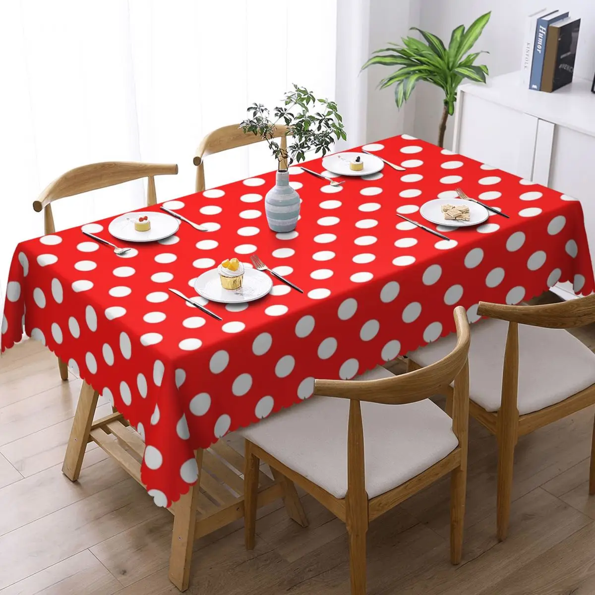 Custom Classic Red And White Polka Dots Tablecloth Rectangular Waterproof Table Cover Cloth for Kitchen