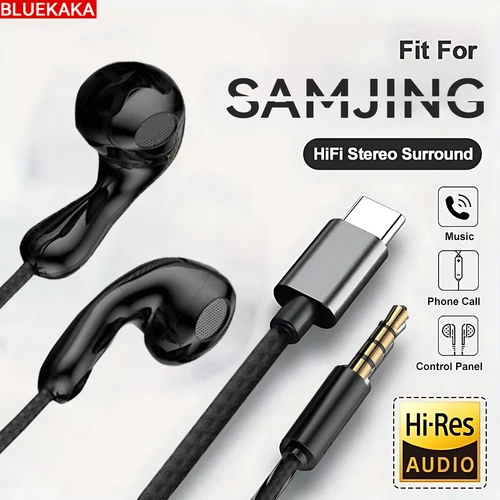 Imagen 1 del producto Auriculares con cable, nuevos auriculares estéreo deportivos de alta fidelidad 9D con graves potentes y diseño de gota de agua, con chip digital tipo C/auxiliar de 3,5 mm para tabletas y PC Samsung Android.