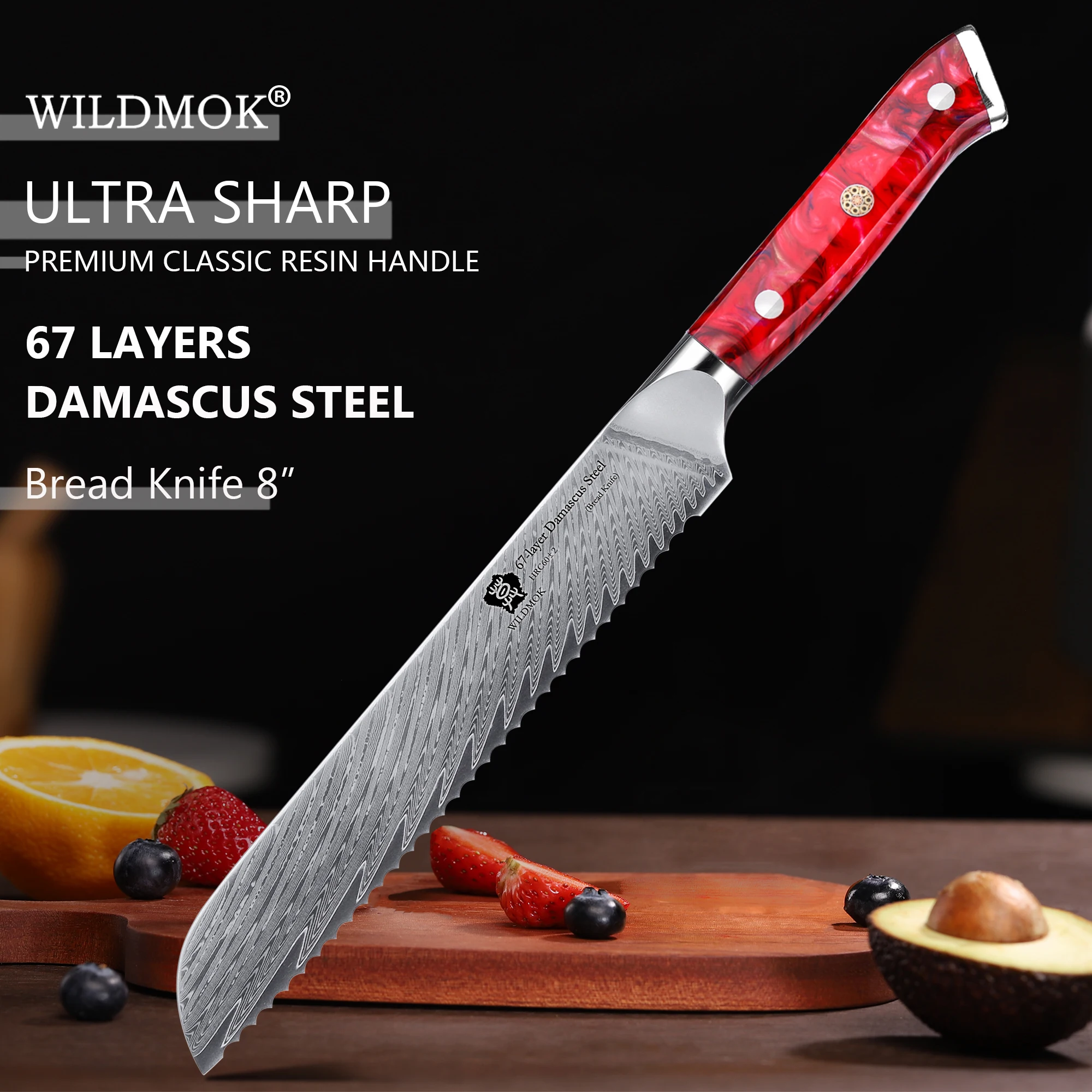 

WILDMOK 8-дюймовый дамасский зубчатый нож для хлеба, ультра острый нож для хлеба Full Tang, ручка из смолы с элегантной подарочной коробкой