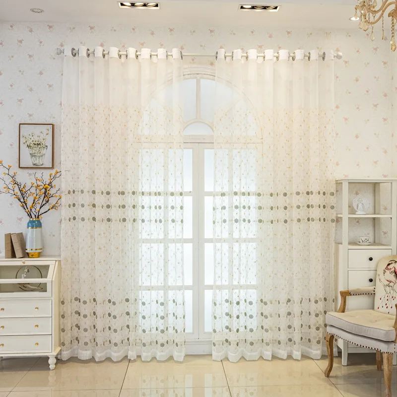 Embroidered Curtains White Amazon Translucent American Pastoral Flowers Living Room Gauze Curtains Living Room Bedroom Door