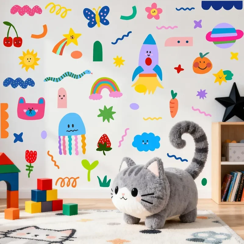 2026 Macaron children's graffiti wall sticker, space rocket jellyfish small animal combination, baby room self-adhesive wall