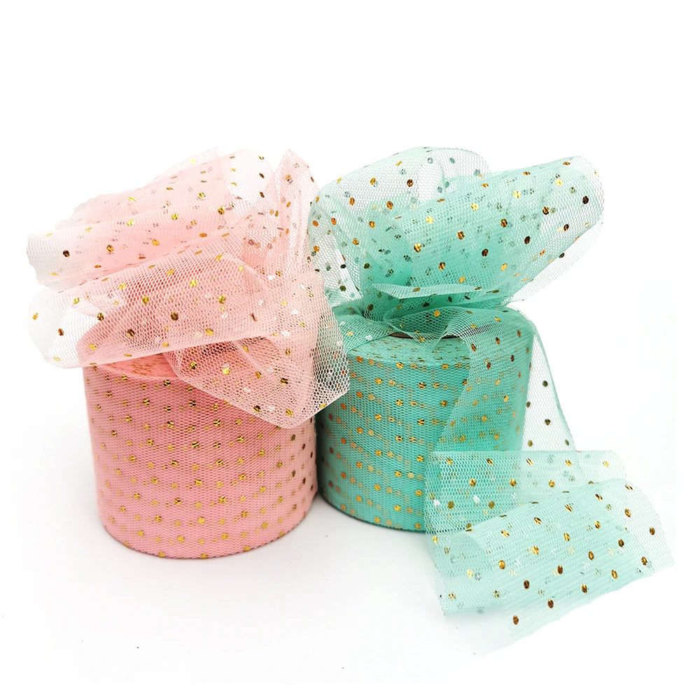 6cm 25yards Dotted Tulle Ribbon Roll Golden Silver Spot Stamped Mesh Fabric Strips DIY Headwear Tutu Poms Sewing Material Supply