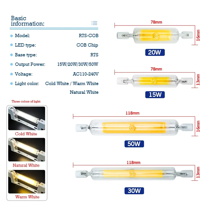 1-6PCS R7s LED Lamp  AC110V 220V 78mm 118mm Lampada Led Bulb J78 J118 COB Lamp Replace Halogen Light Spotlight R7S Bulb