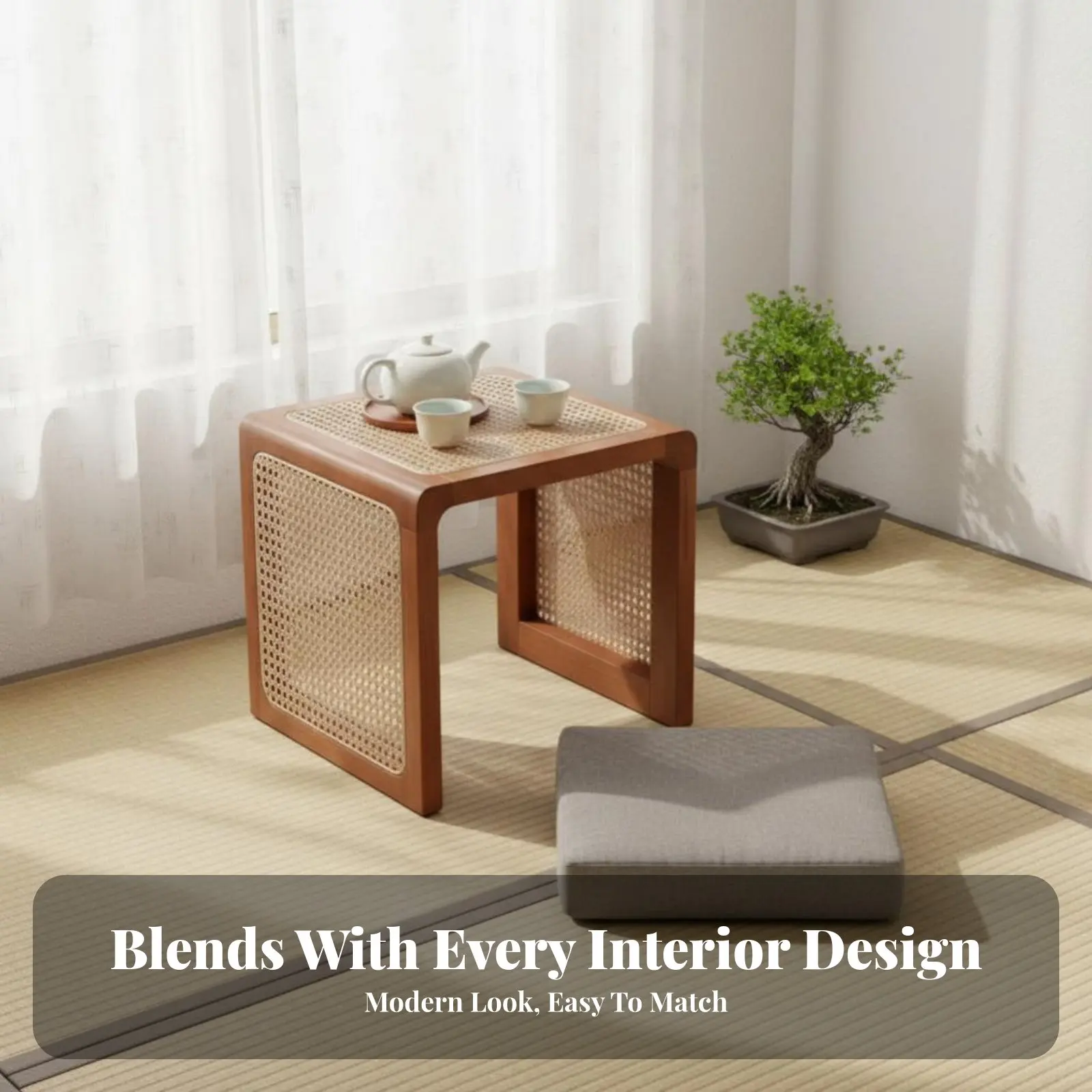 

Плетеный табурет-куб в японском стиле, универсальный низкий стул с плетеным дизайном ручной работы для жильцов квартир, арендаторов, спален