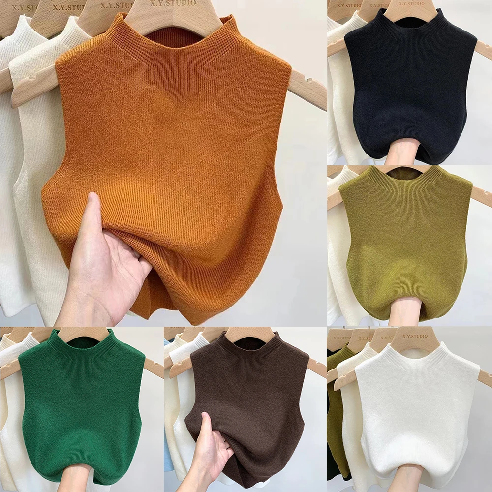 Women\'s Vest Tank Top Solid Color Knitted Tees T-Shirt Top Cropped Top Camisole Sweater Half-turtleneck Spring Autumn Sleeveless