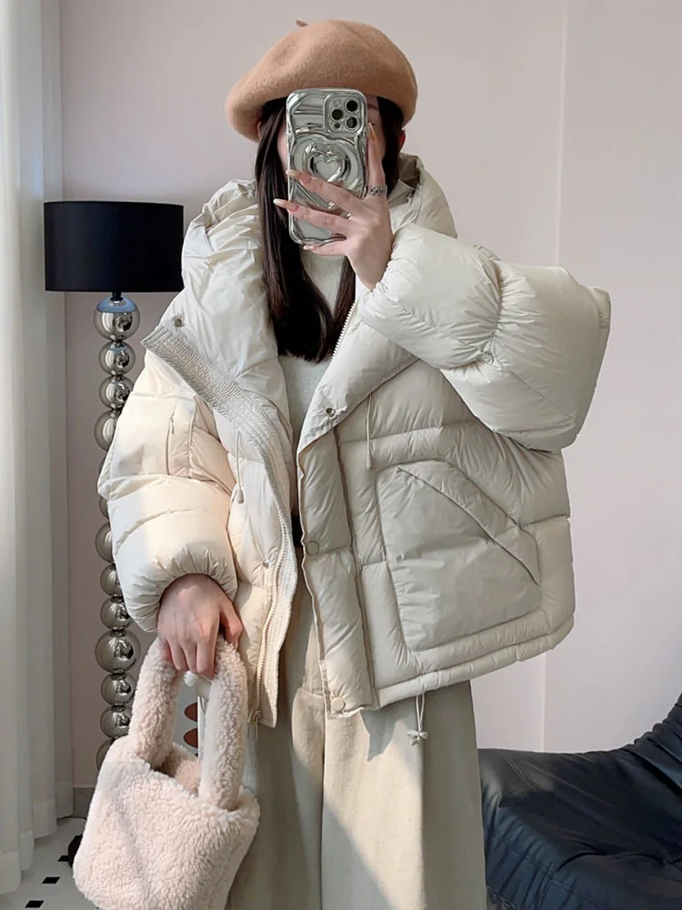 Korean Style Short Hooded Down Jackets Winter Solid Color White Duck Down Thicken Coats Casual Thermal Loose Female Outerwear