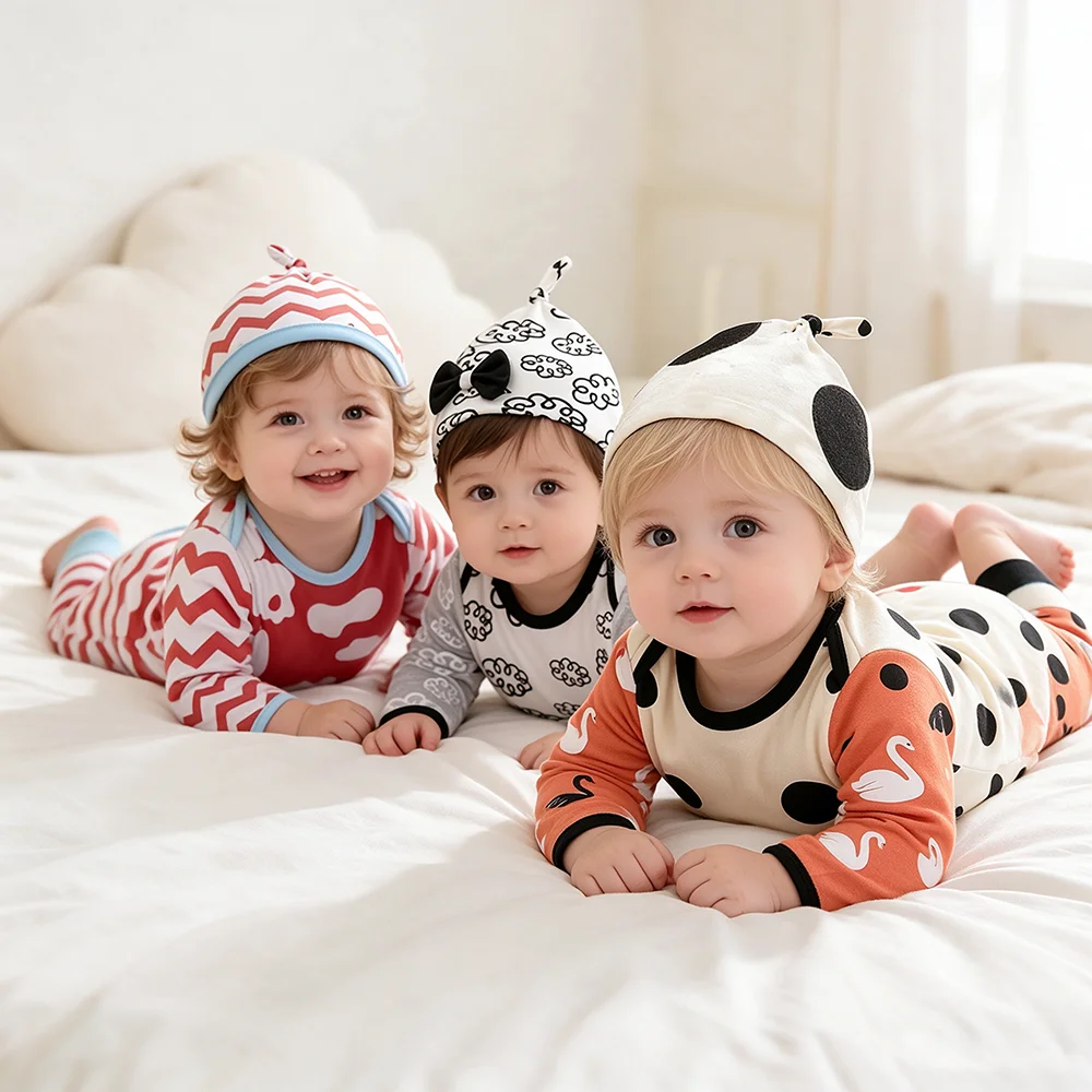 Cute Baby 3-Piece Pajama Set Long Sleeve Top Pants With Matching Hat Soft Cotton Infant Sleepwear Spring Autumn Newborn Clothing