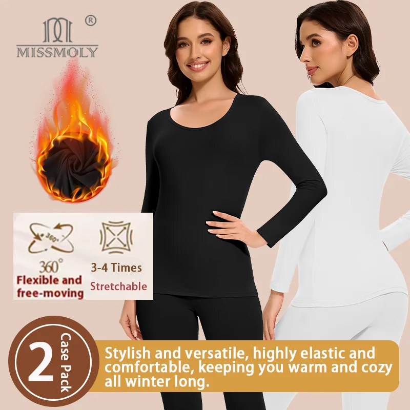 2-teiliges Winter-Herbst-Thermo-Unterwäsche-Set für Damen mit langen Ärmeln, Hemd, Pullover, elastisch, lässig, solide, weich, Basic-Thermo-Set