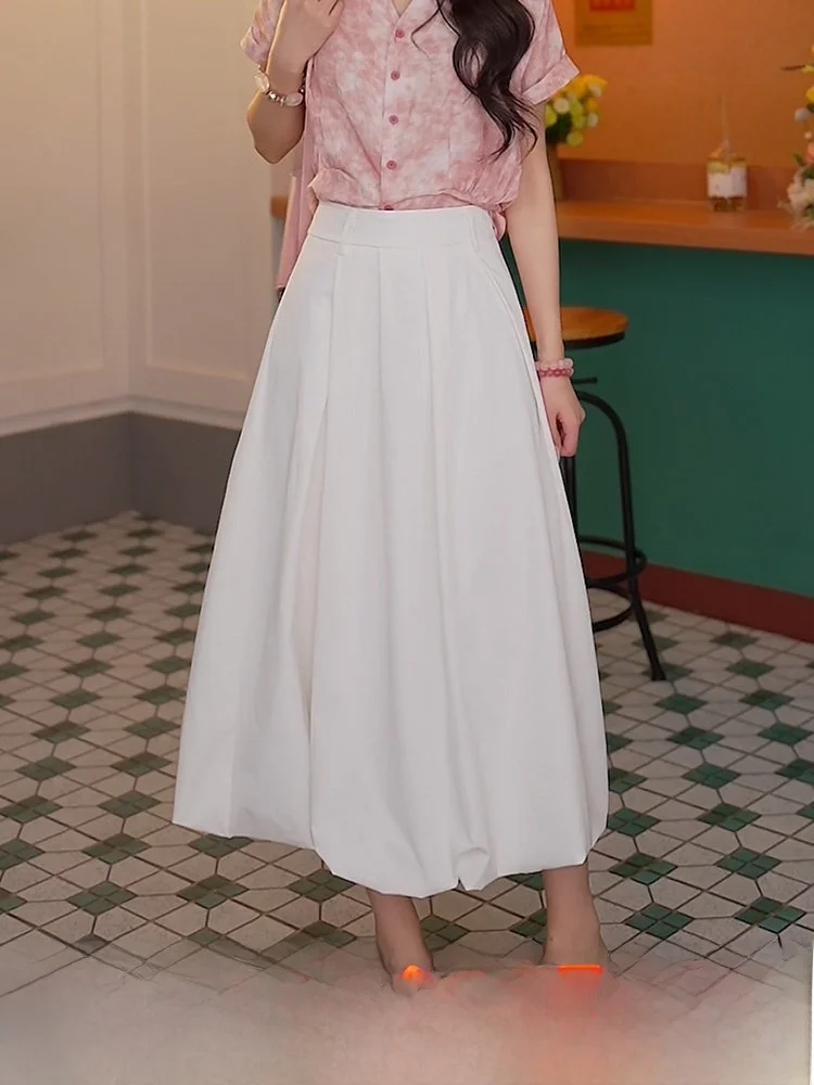 

Chend High Waist Midi A-Line Skirt White Slimming Spring Summer Ele Women's Faion Casual Polyester Fiber Skirts