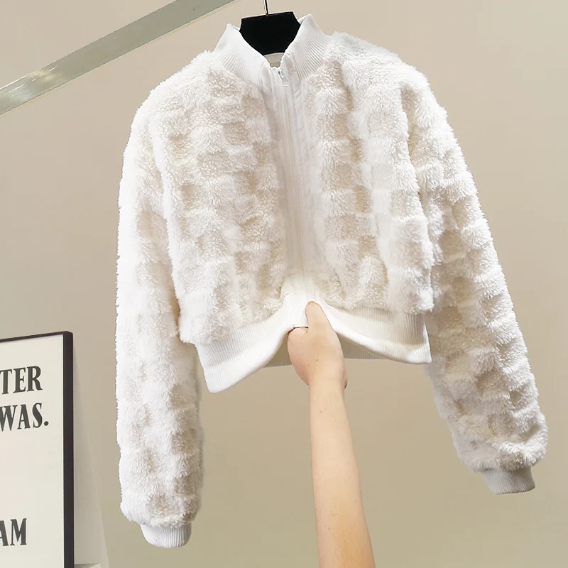 

Trendy Plaid Korean Sle White ort Fur Jaet Women's Stand Collar Zipper Design Versatile Loose Personali Top Faionable