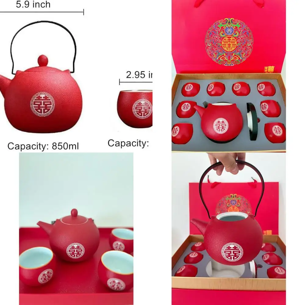 

Традиционный китайский керамический чайный сервиз с двойным счастьем для помолвки, 1 чайник, 8 чашек, подарочная коробка