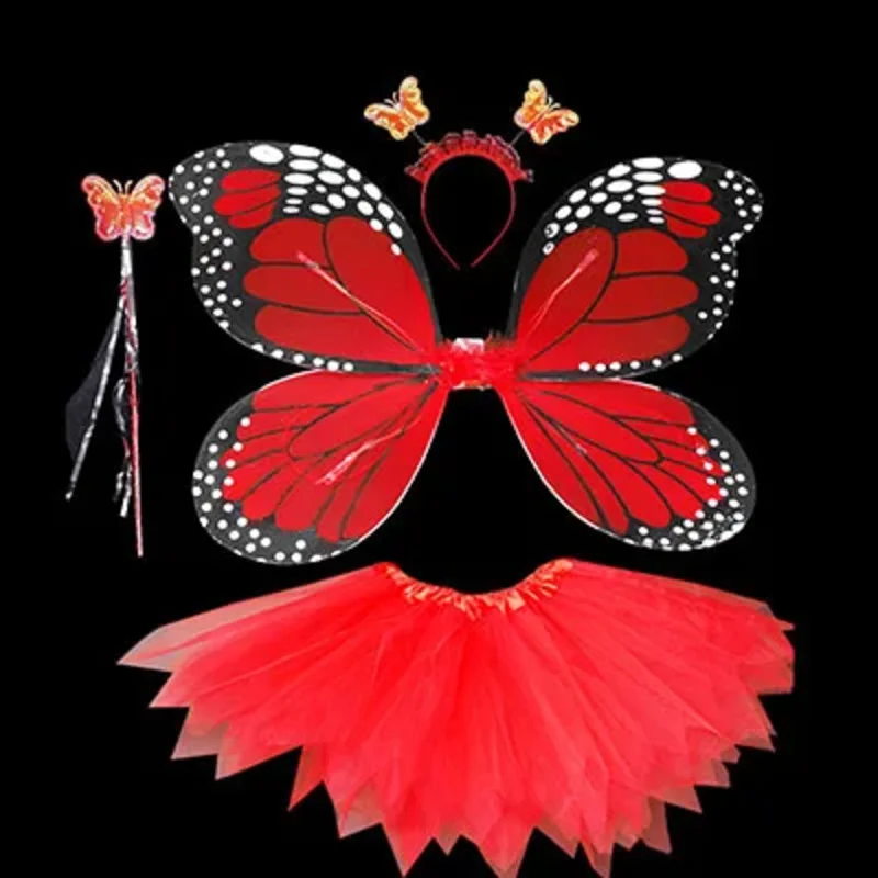 4 piece shining butterfly wing wand headband tutu skirt Christmas Halloween cosplay costume for Fairy Girls kids 13 colors