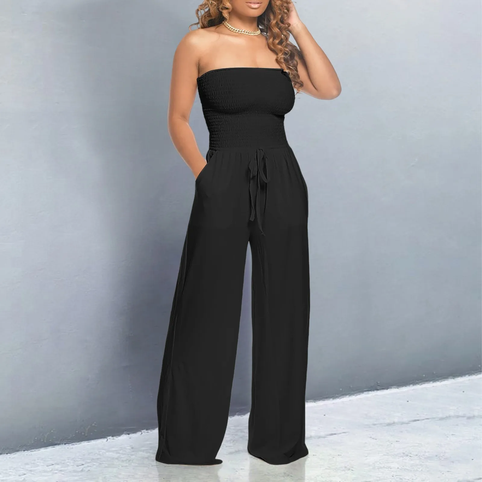 

Strapless Women Solid Jumpsuits Summer Ruffle Sleeveless Lace Up Jumpsuit Floor Length Straight Trousers Beachwear Jumpsuits