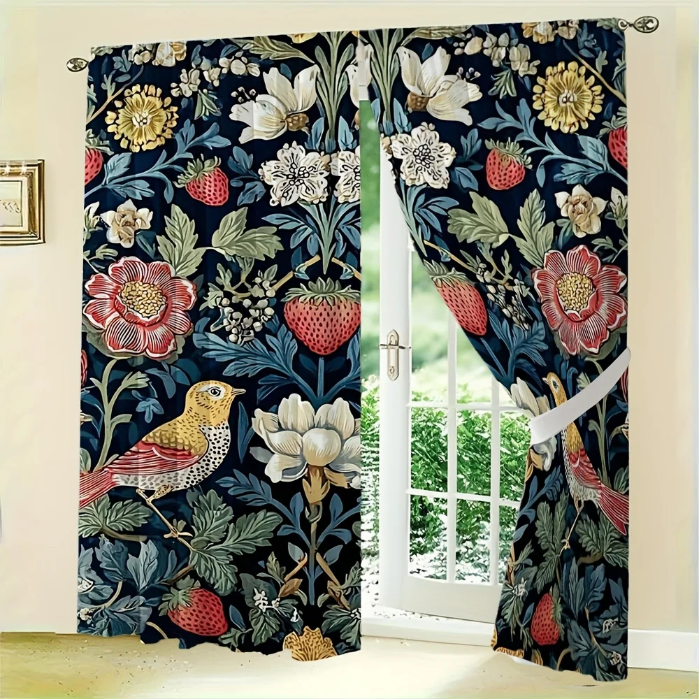 2pcs William Morris Style Curtains No Rod  Navy Blue Bird & Floral Pattern, Sheer Polyester for Living Room, Bedroom, Door
