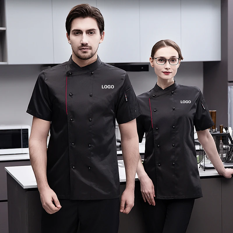 Mens Chef Shirt Uniform Short Sleeve Work Jacket Coat Hotel Restaurant Kitchen Stand Collar Cook Food Service Clothes Print Logo
