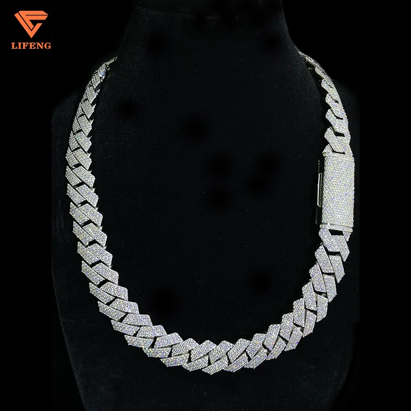 

Hot Selling 18mm 20mm 925 Silver Gold Plated Jewelry Ice Out VVS Moissanite Chain Hip Hop Cuban Link Chain Necklace