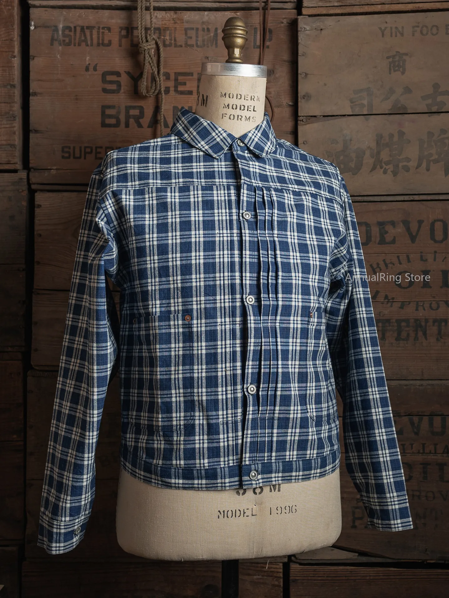 Rugged Bronson Palaka Checkered Blouse Vintage 1890s Men's 10oz Yarn-Dyed Cotton Indigo Plaid Work Jacket