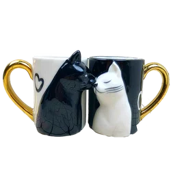 2pcs Cute Kiss Cat Cups Couple Ceramic Mugs Married Couples Anniversary Morning mug Milk Coffee Tea Breakfast Valentines Day