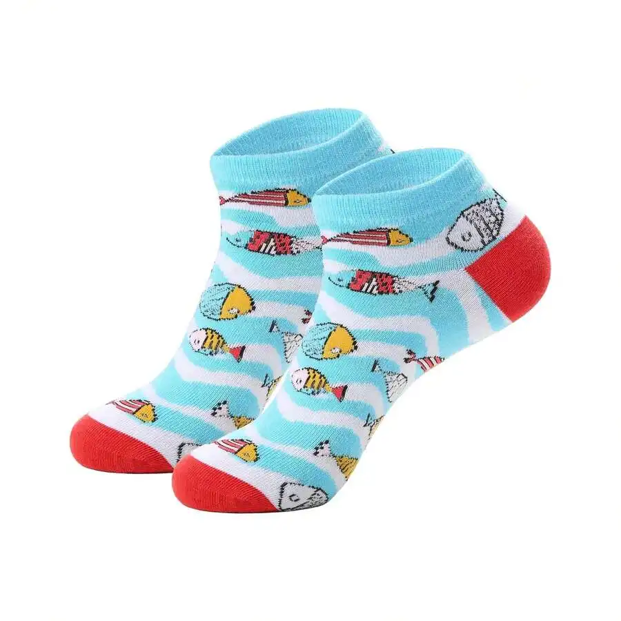 

6 Pairs Stylish Short Socks With Cartoon Fish Stripe Pattern