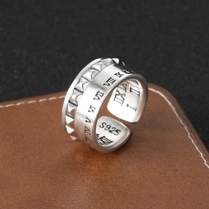 Anillo de escala de números romanos de plata de ley S925, anillo de remache punk hip-hop de moda para hombres con apertura ajustable, famoso en Internet