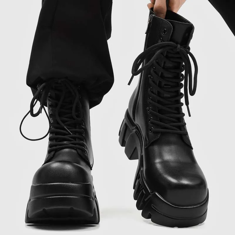 Men Fashionable Thick Soled Mid Length Boots with Height Increasing Anti Slip Properties Suitable for Daily Motorcycle Outings