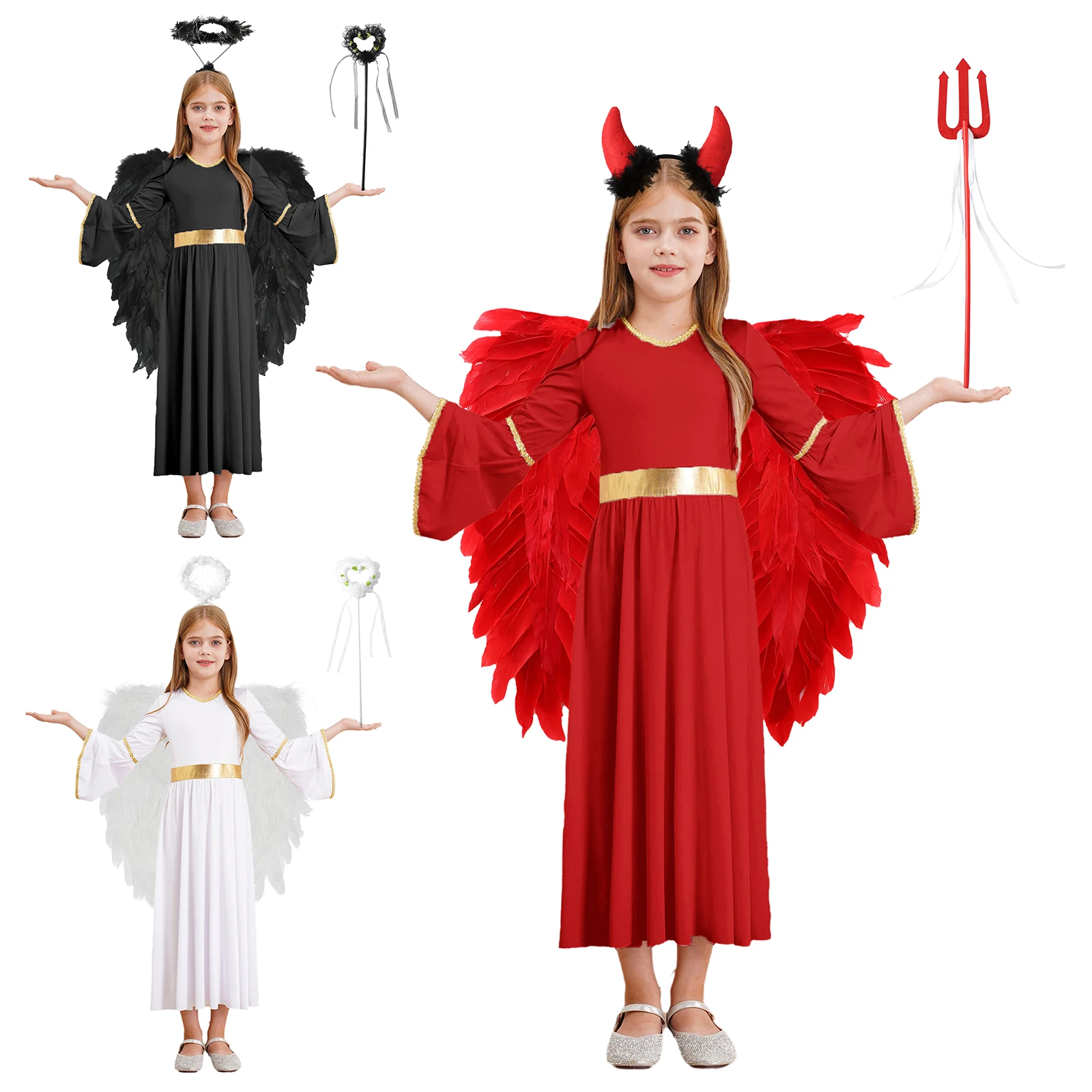 Kids Girls Angel Cosplay Costume Halloween Dress with Feather Wings Headband and Fairy Sticks Set Performance Carnival Dress Up