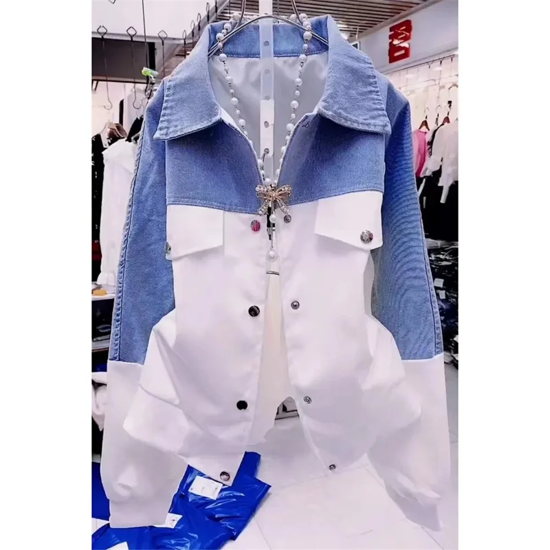 Autumn Spliced Denim Jacket Women Fashion Loose Contrast Casual Jeans Coat 2024 New Female Cowboy Overcoat Ladies Cardigan Tops