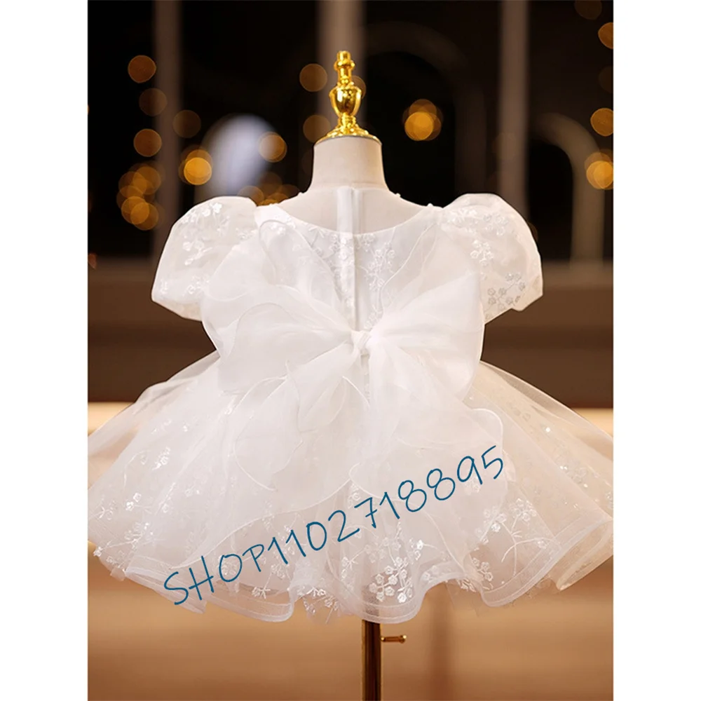 

White Flowers Girls Dresses Back Bow Pleat O-Neck Lace Appliques Short Sleeves Ball Gowns First Communion Vestidos De Novia