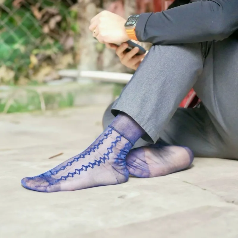 2024 Nylon Blue Stockings Man Sexy Thin Invisible Silky See Through Long Socks Mens Business Vintage Jacquard Dress Socks Gift