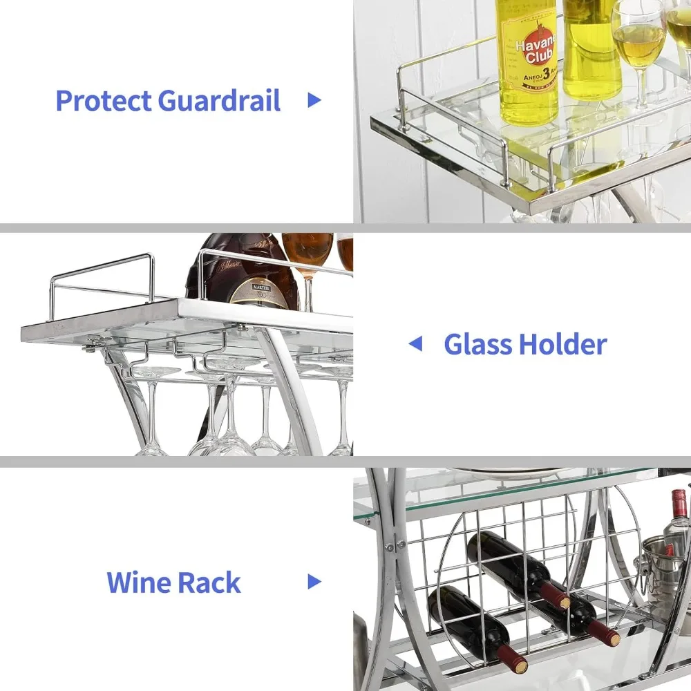 HOMYSHOPY Bar Serving Cart with Glass Holder and Wine Rack, 3-Tier Kitchen Trolley with Tempered Glass Shelves