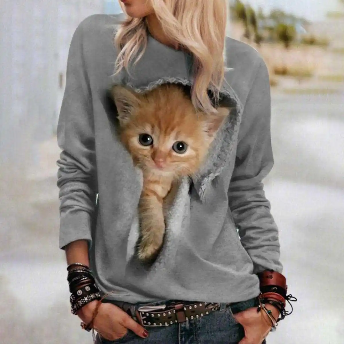 Funny Cute Cat Sweatshirts Animal 3D Print Hoodies Autumn Women Long Sleeve Y2k Hoodie Oversized Pullovers Tops Female Clothing