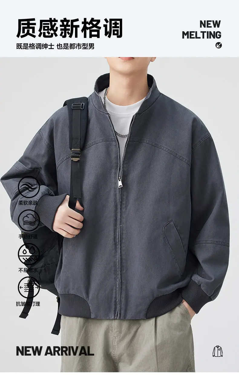 Neue 2026 Frühling Herbst Lässige Herren Baumwolljacke Outdoor Einfarbiger Reißverschluss Stehkragen Mantel Streetwear Winddichte Oberbekleidung – Detail 1