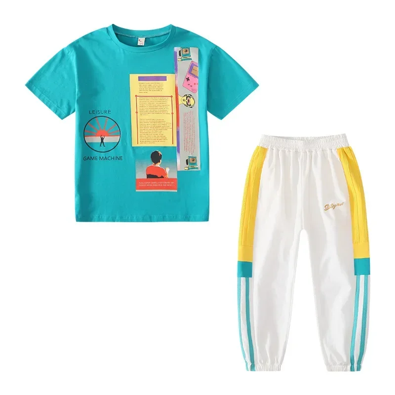 Girls Summer Short Sleeve Shirts+Full Length Pants 2pcs Sets Baby Boys Girls Teen Sports Suits 4 6 8 10 12 Year Kids Clothes