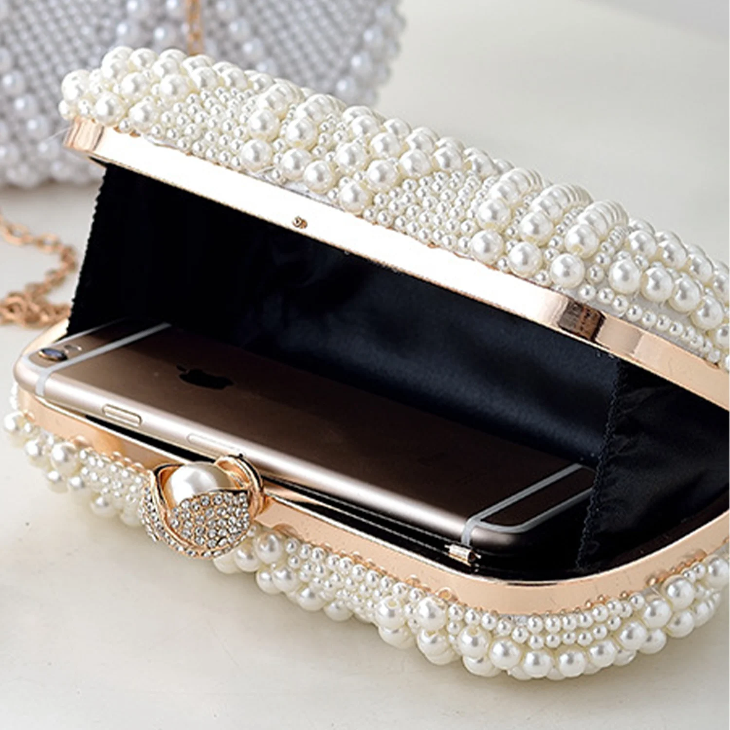 New Sweet Bridal Pearls Crystal Beaded Clutch Bags White Beige With Shoulder Chain Handbags Cross Body Ladies Special Party Bag view 4
