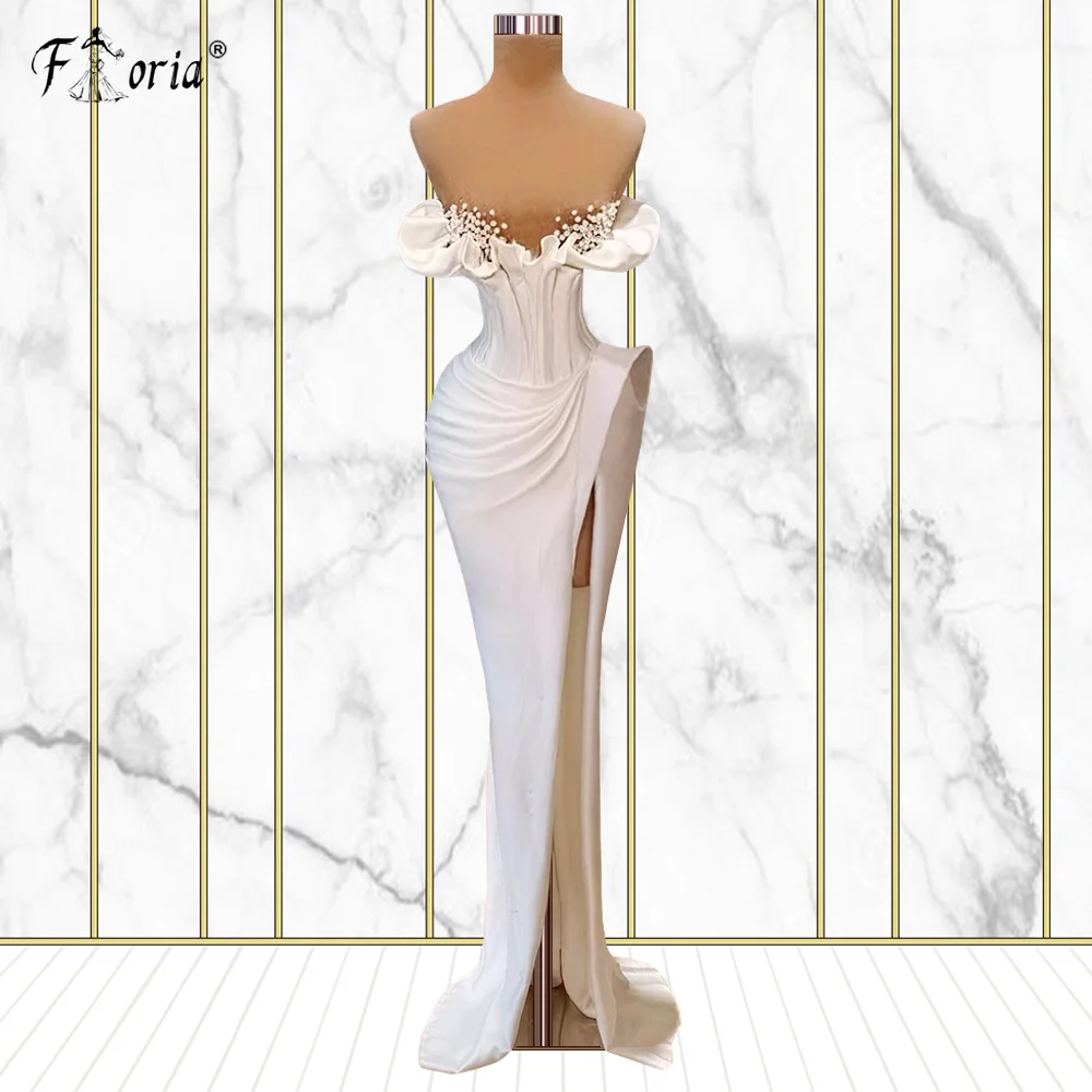 White Satin Elegant Mermaid Prom Dresses Sheer Neck High Slit Formal Dress Women Evening Pageant Gowns Plus Size Custom Made