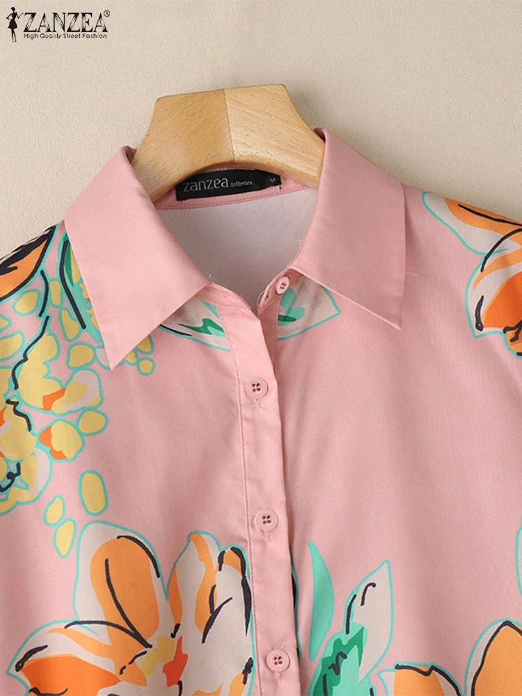 ZANZEA Summer Casual Holiday 2 Pieces Short Sets Women Floral Print Long Sleeve Shirts & Elastic Waist Shorts 2pcs Suits Outfits