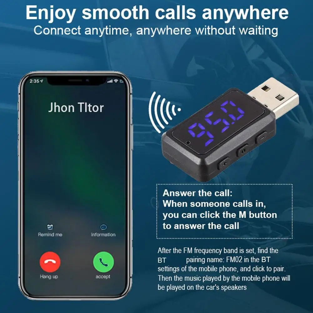 Car Bluetooth 5.3 FM02 Mini USB Transmitter Receiver with LED Display Handsfree Call Car Kit Auto Wireless Audio For Fm Rad C3P7